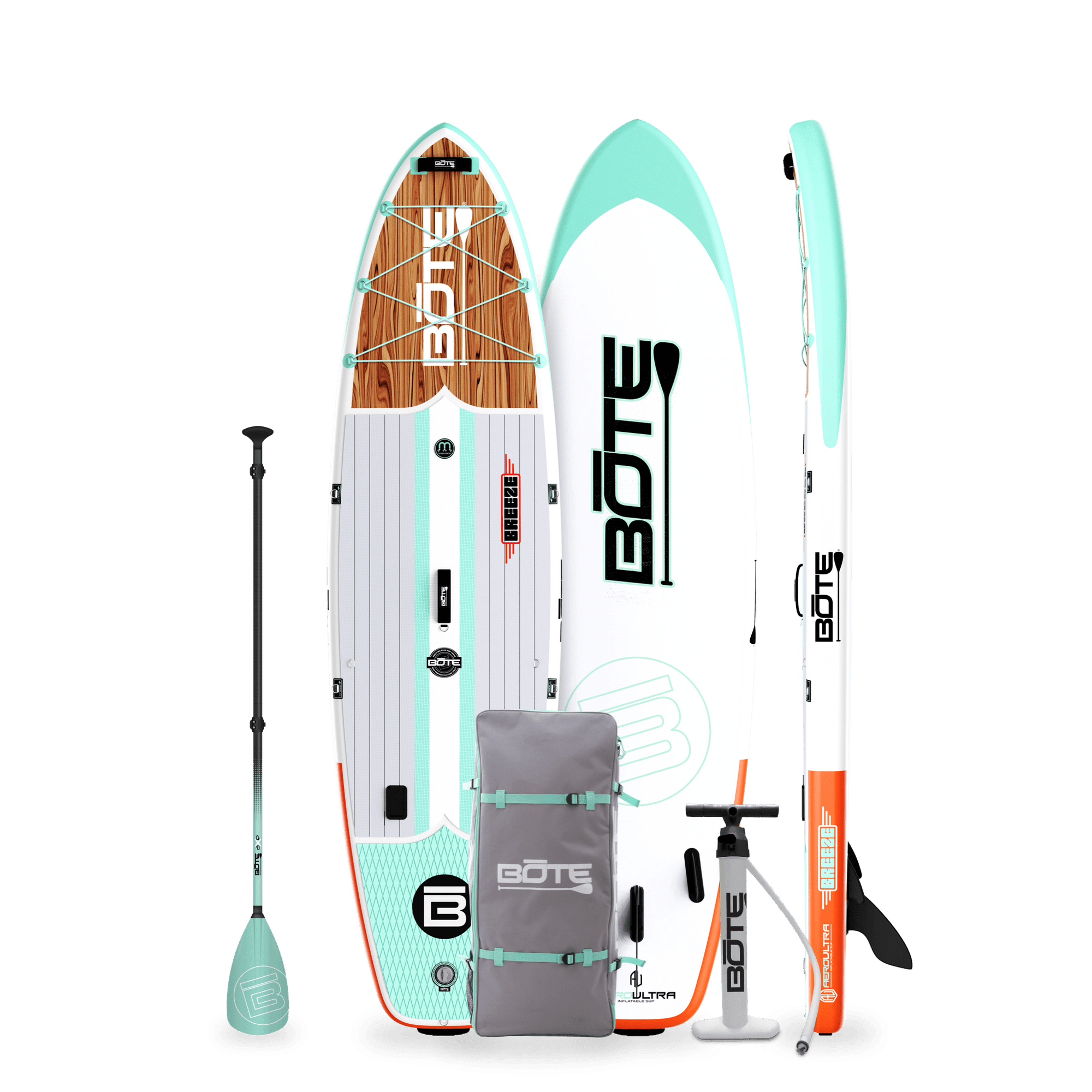 Top, Side, and Bottom image of the 10'6" Breeze Aero Classic Mangrove inflatable paddle board with bag, pump, paddle.