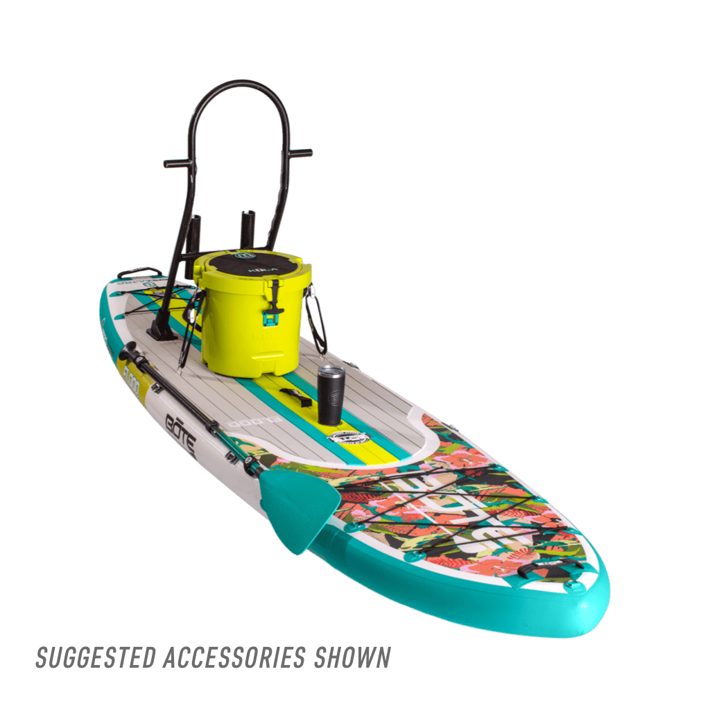 Angled front view of the Flood Aero Native Tropics Inflatable Paddle Board with accessories