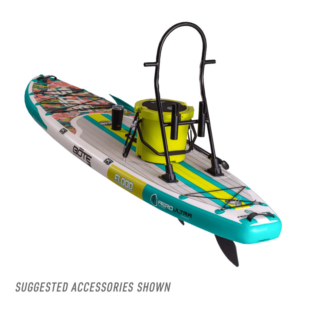 Angled rear view of the Flood Aero Native Tropics Inflatable Paddle Board with accessories
