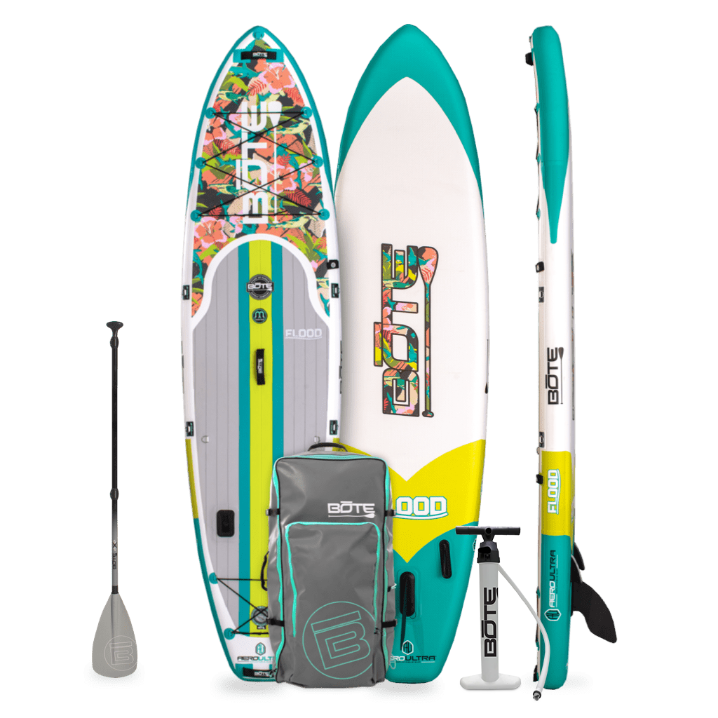 Top, side, and bottom view of the Flood Aero Native Tropics Inflatable Paddle Board with pump, bag, and paddle