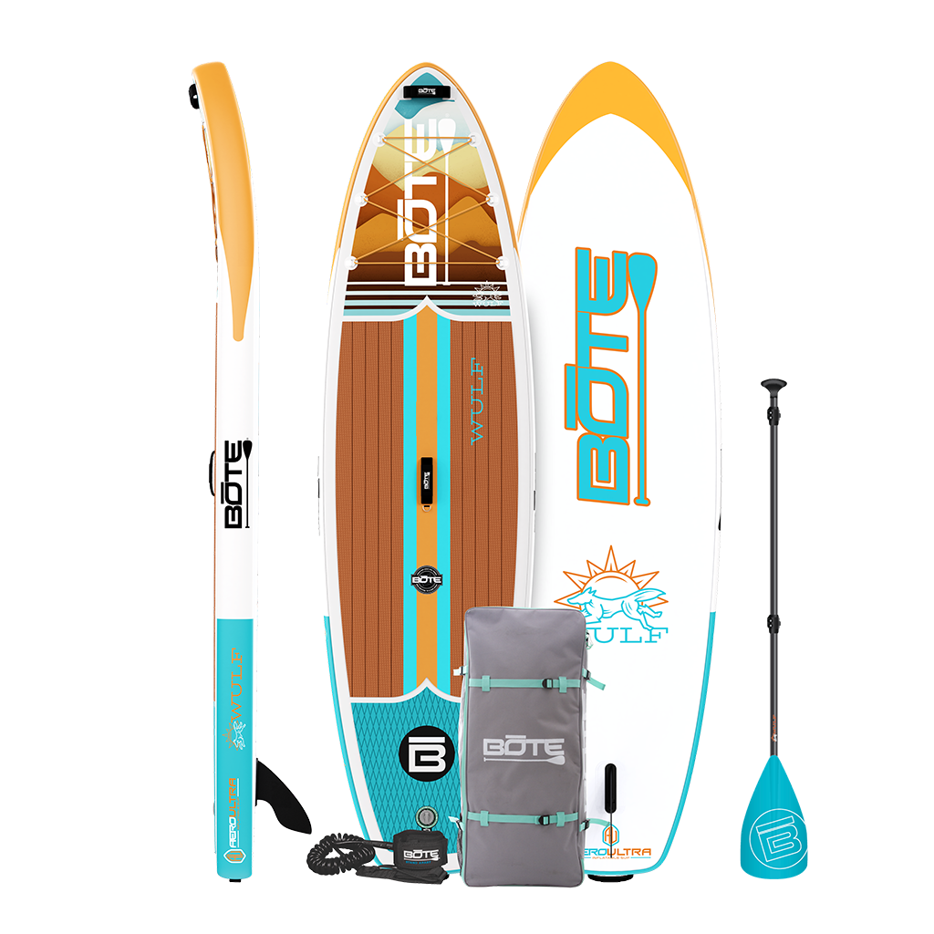 Top, side, and bottom view of the WULF Aero 11'4" Native Dune Inflatable Paddle Board