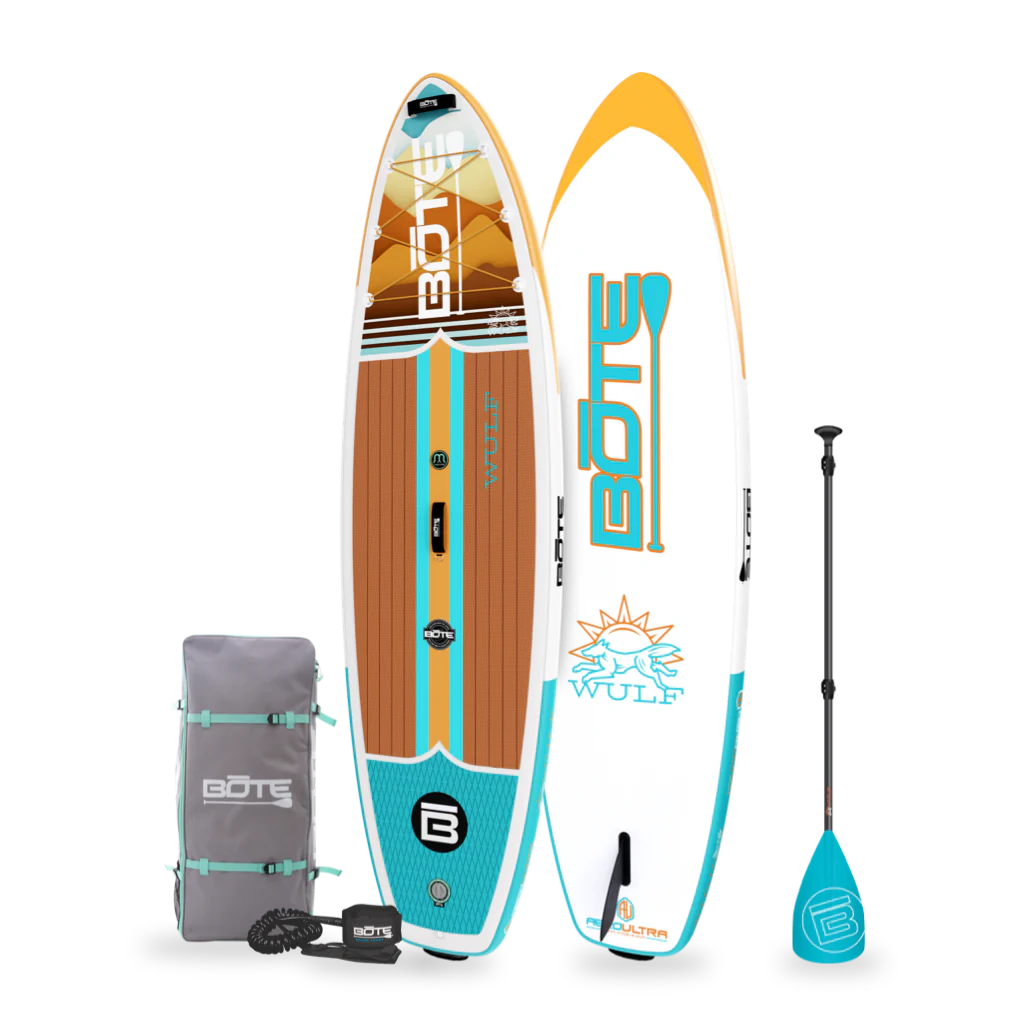 Top and bottom angled view of the WULF Aero 11'4" Native Dune Inflatable Paddle Board with paddle, bag, and leash