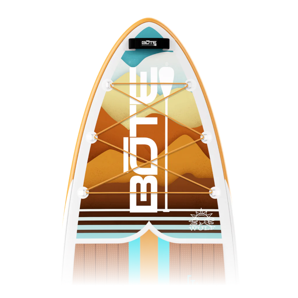 Zoomed in view of the nose area of the  WULF Aero 11'4" Native Dune Inflatable Paddle Board