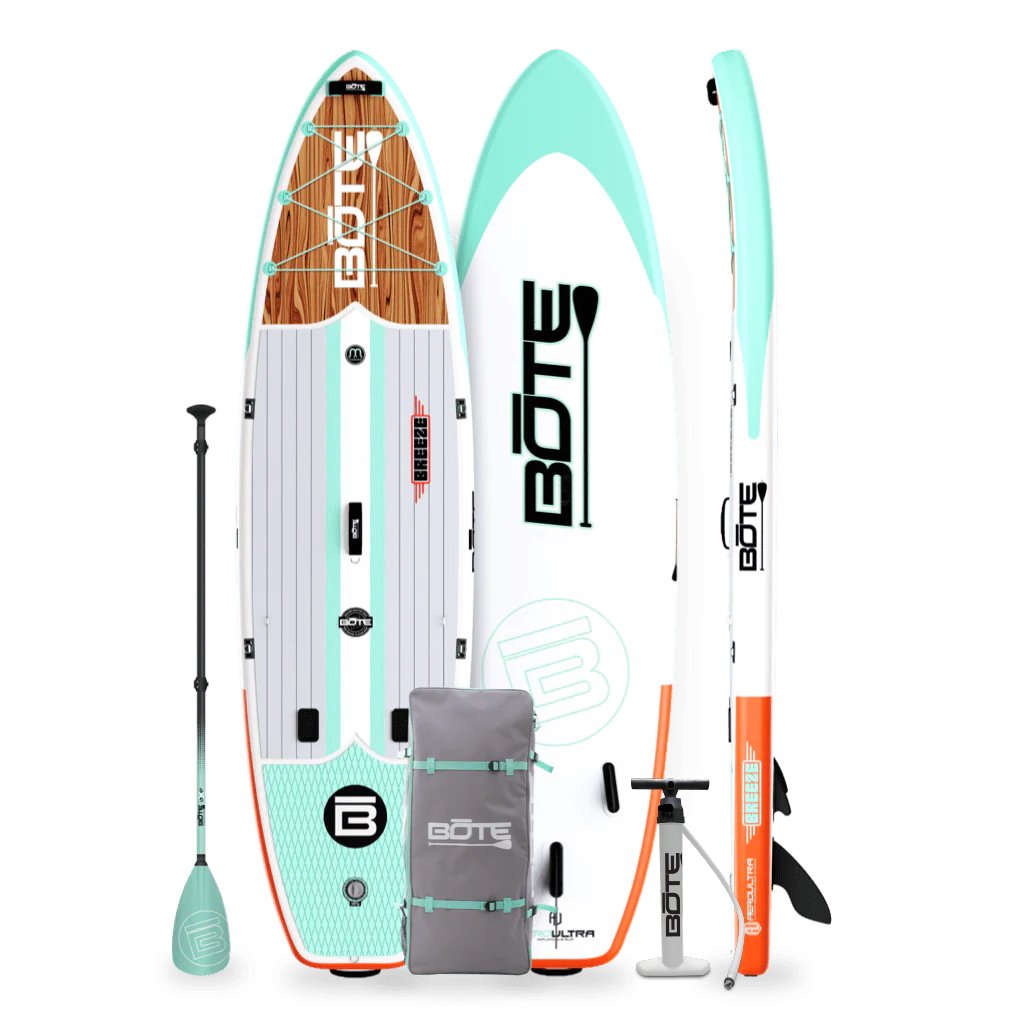Top, Side, and Bottom image of the 11'6" Breeze Aero Classic Mangrove inflatable paddle board with bag, pump, paddle.