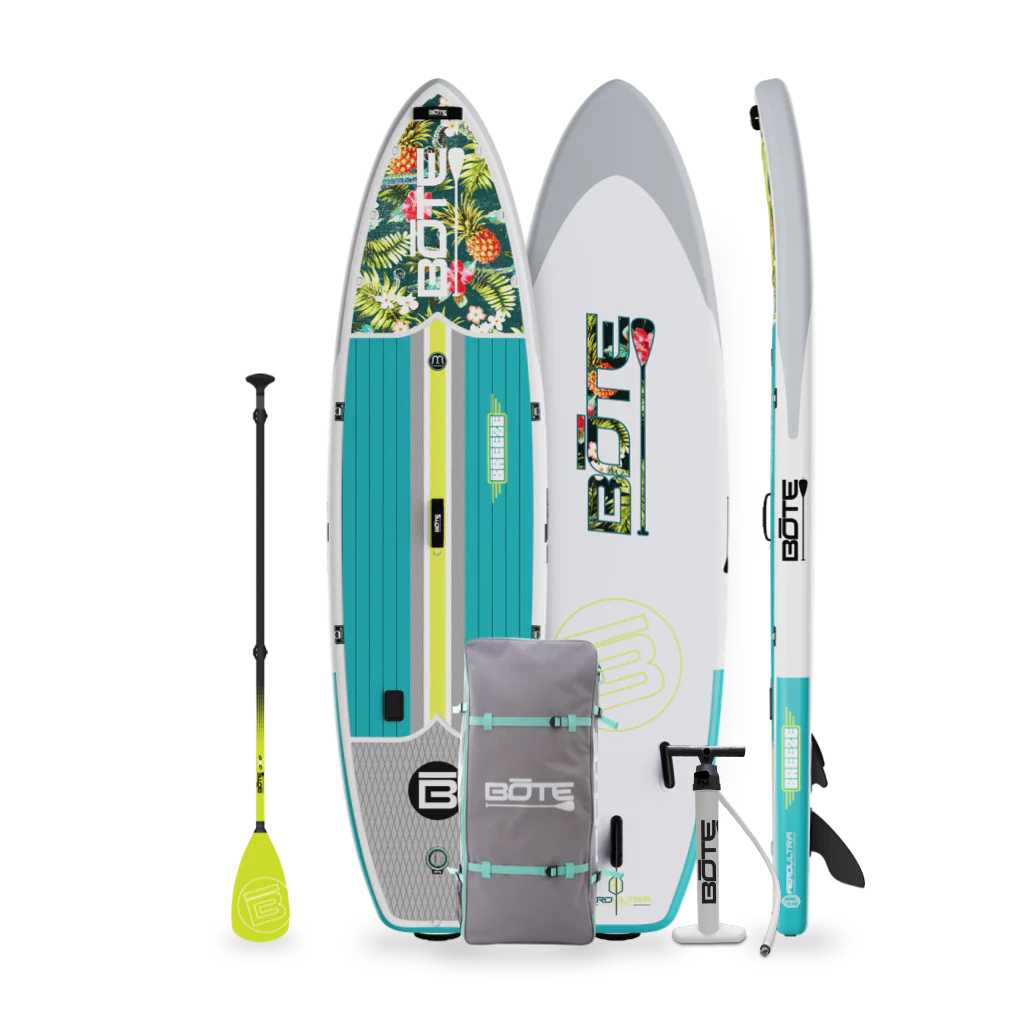Top, Side, and Bottom image of the 11'6" Breeze Aero Native Floral Cuda inflatable paddle board with bag, pump, paddle.