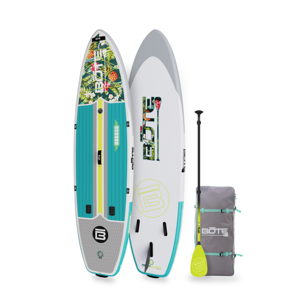 Top, bottom view of the Breeze Aero 11'6" Native Floral Cuda Inflatable Paddle Board