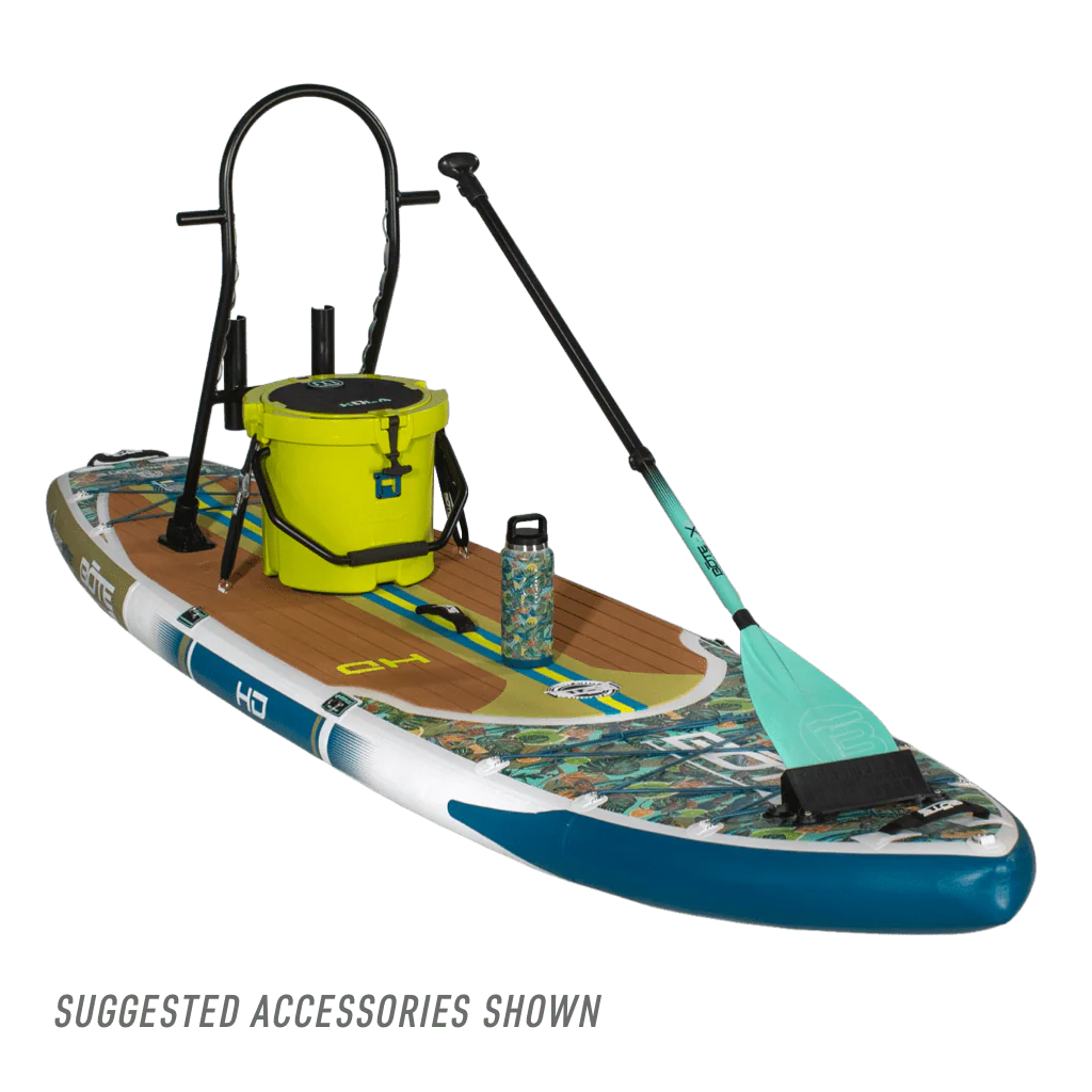 Front view of the HD Aero 11′6″ Native Bombardier Inflatable Paddle Board with accessories