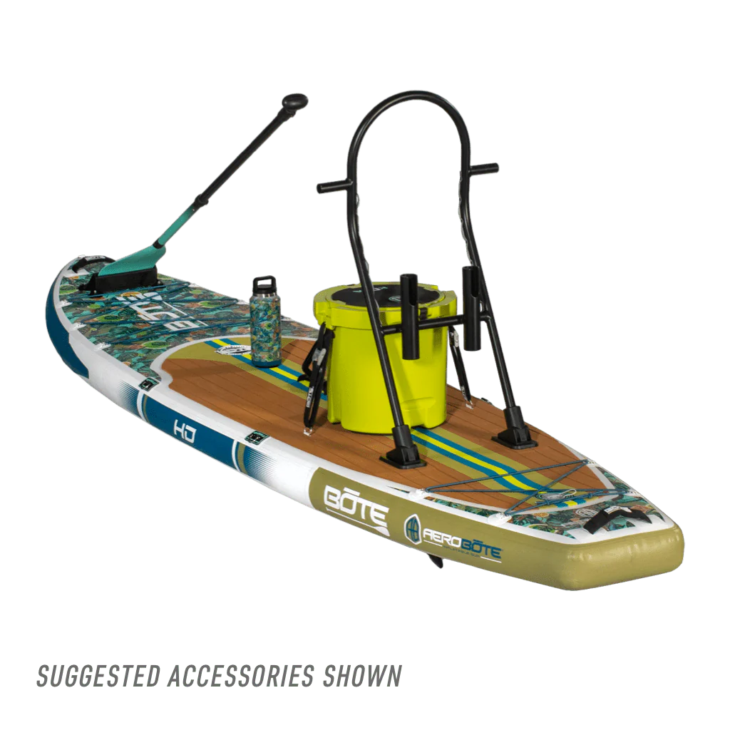 Back view of the HD Aero 11′6″ Native Bombardier Inflatable Paddle Board with accessories
