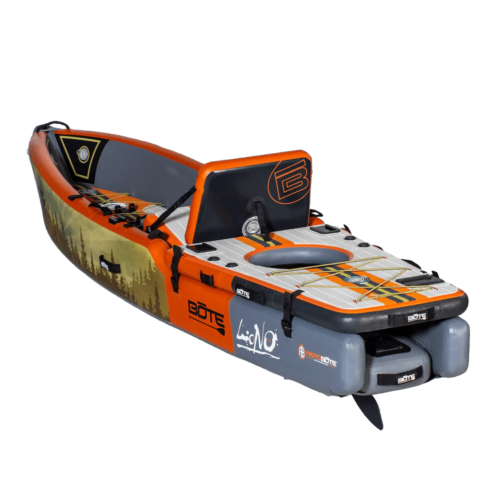 Angled back view of the LONO Aero APEX Inflatable Kayak with accessories
