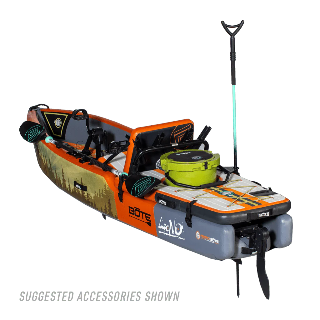 Angled rear view of the LONO Aero APEX Inflatable Kayak with accessories