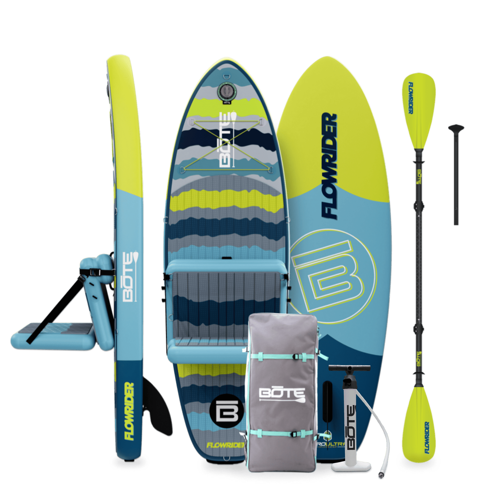 Front, side, and top views of Kids FlowRider board with seat, paddle, and travel bag shown.