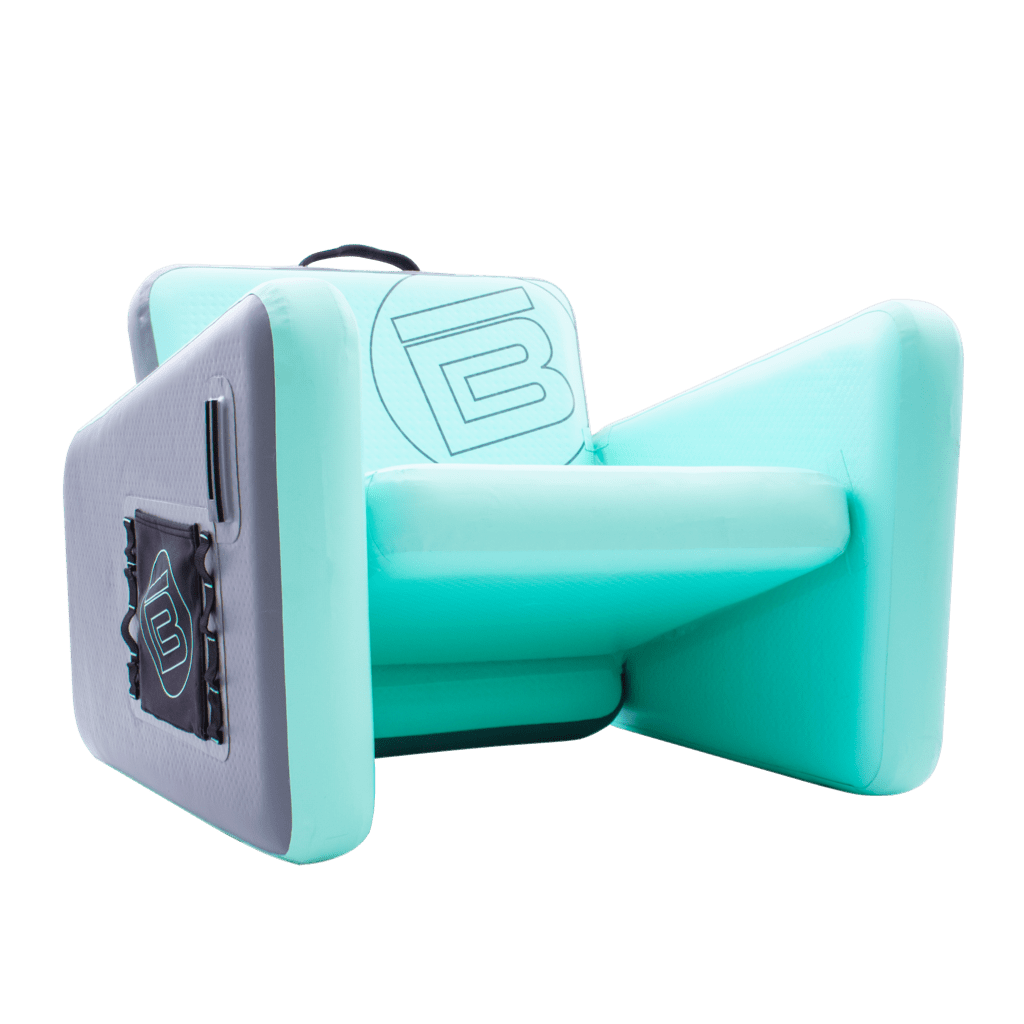 Angled view of the inflatable Aero Chair with stretch pocket, MOLLE loops and cup holder receiver.