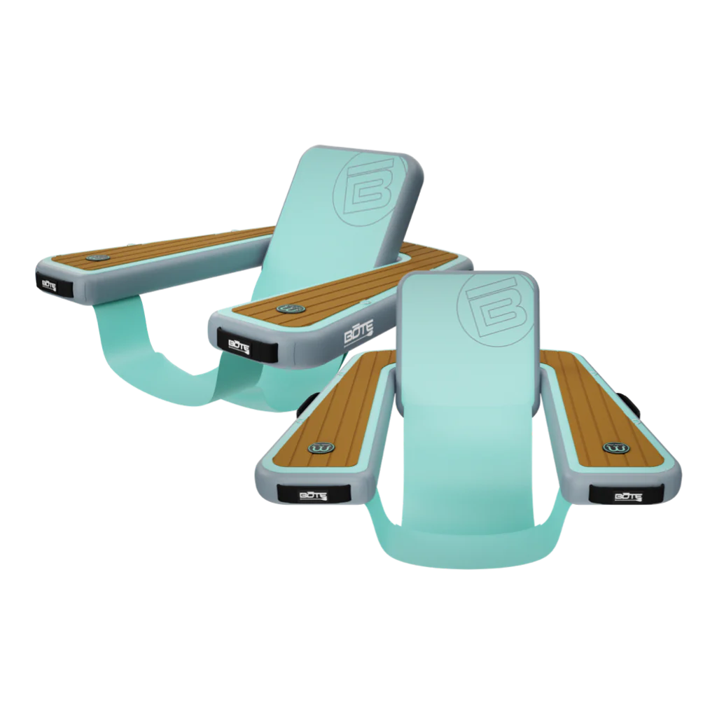 Two Inflatable Hangout Chair Classic loungers in aqua with wood-style armrests and seatbacks.