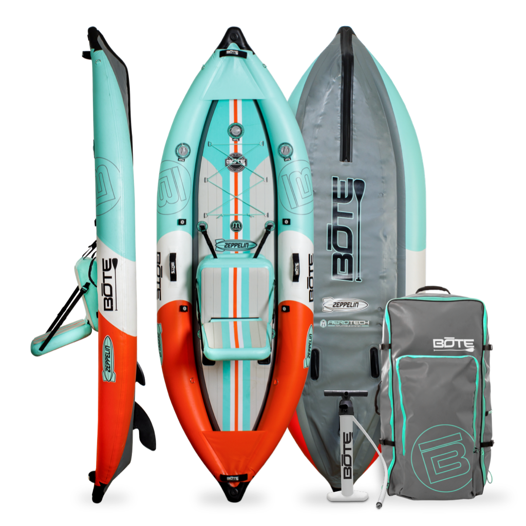 Top, side, and bottom view of the Zeppelin Aero 10′ Inflatable Kayak in Classic Seafoam with pump and bag