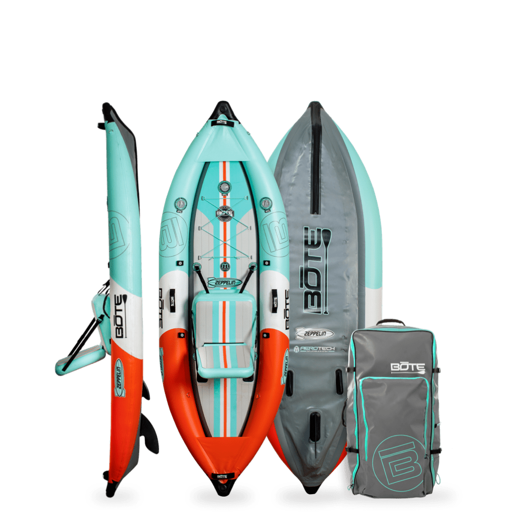 Zeppelin Aero 10' Classic Seafoam Inflatable Kayak shown with bag and seat.