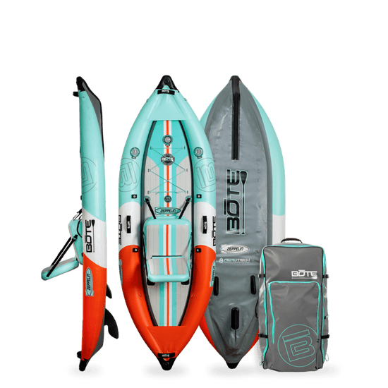 Zeppelin Aero 10' Classic Seafoam Inflatable Kayak shown with bag and seat.