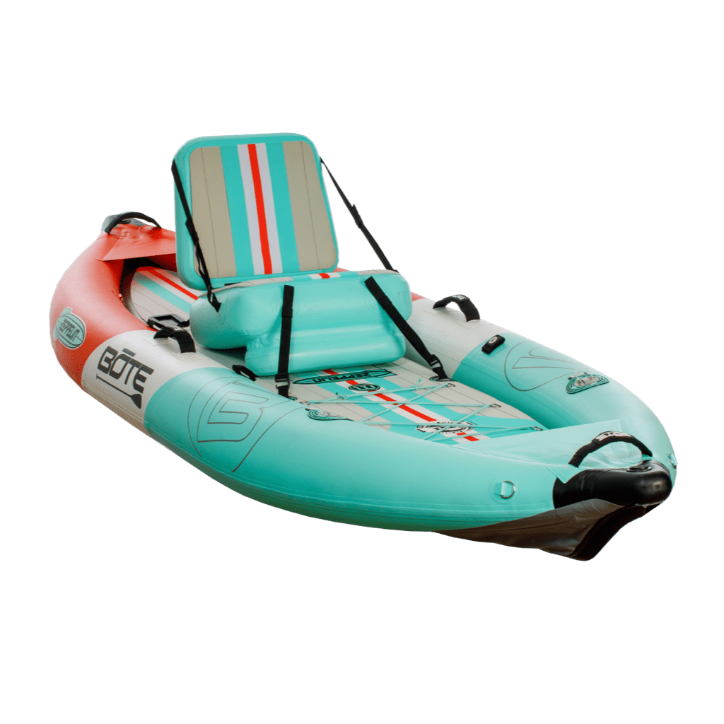 Front angle view of the Zeppelin Aero 10′ Inflatable Kayak with seat.