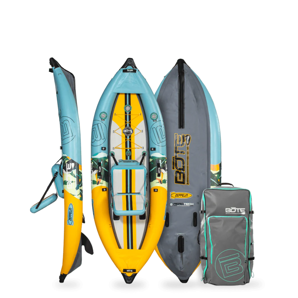 Front, side, back view of the Zeppelin Aero Kayak in Native Paradise and bag.