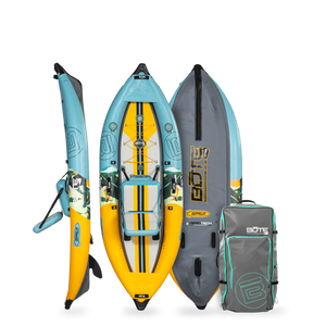 Front, side, back view of the Zeppelin Aero Kayak in Native Paradise and bag.