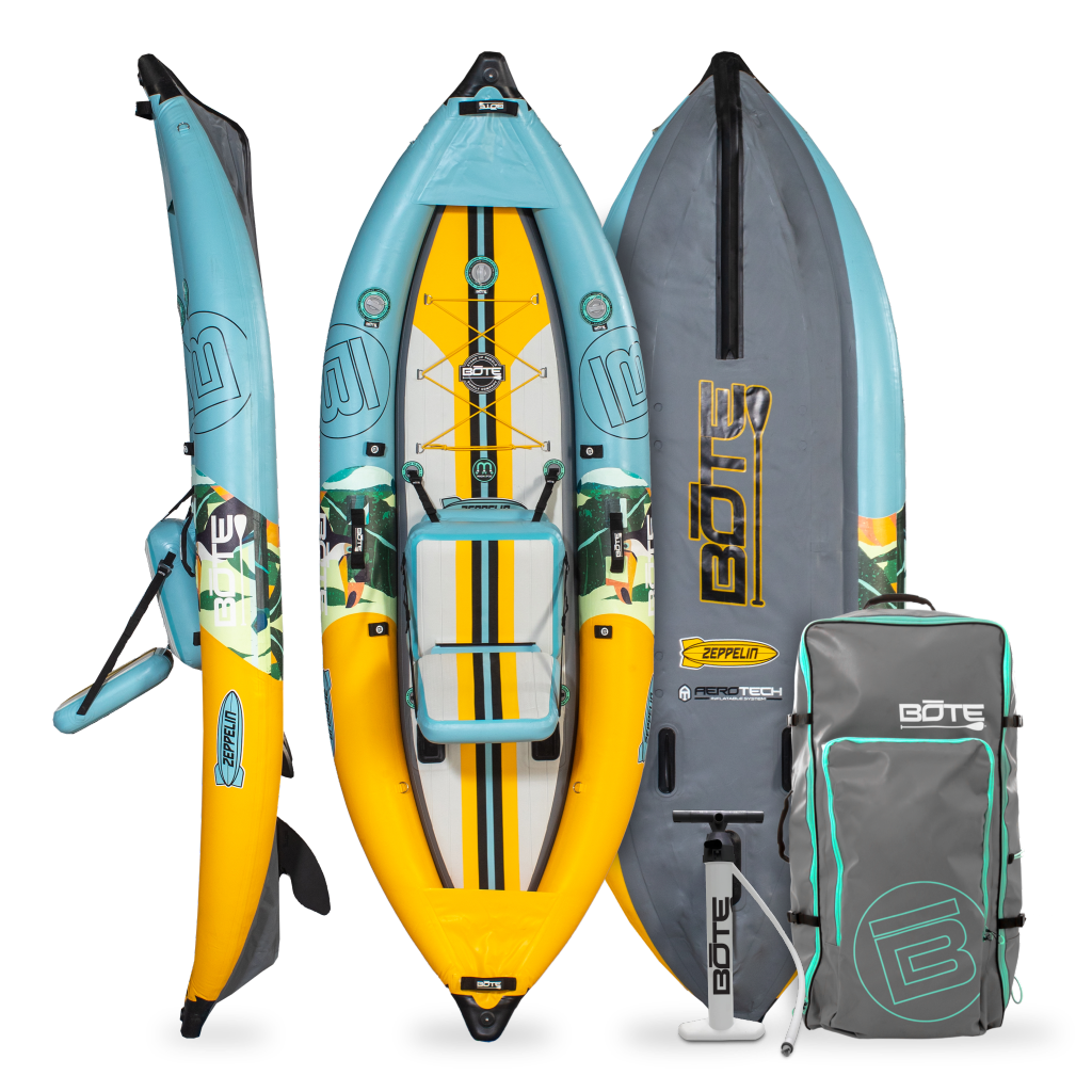 Top, side, and bottom view of the Zeppelin Aero 10′ Inflatable Kayak in Native Paradise with pump and bag