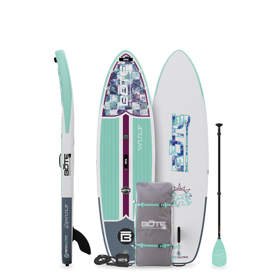 Top, side and bottom view of the WULF Aero Native Glacier Inflatable paddle board with bag, leash and paddle
