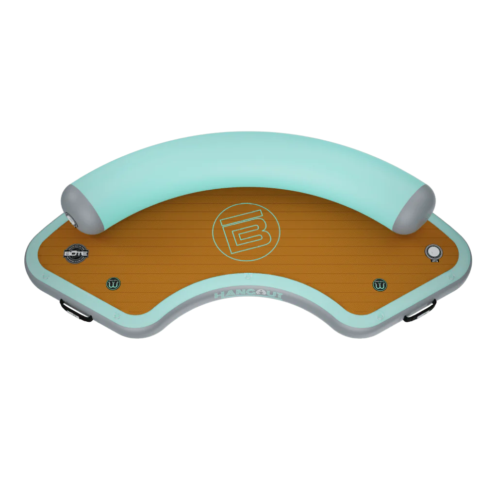 Top view of the Inflatable Dock Hangout 120 Classic in seafoam with a wood-style deck.