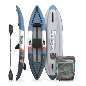 Side, top, and bottom view of Vali Aero kayak with paddle and carrying bag.