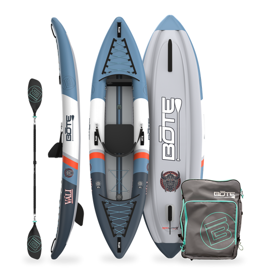 Side, top, and bottom view of Vali Aero kayak with paddle and carrying bag.