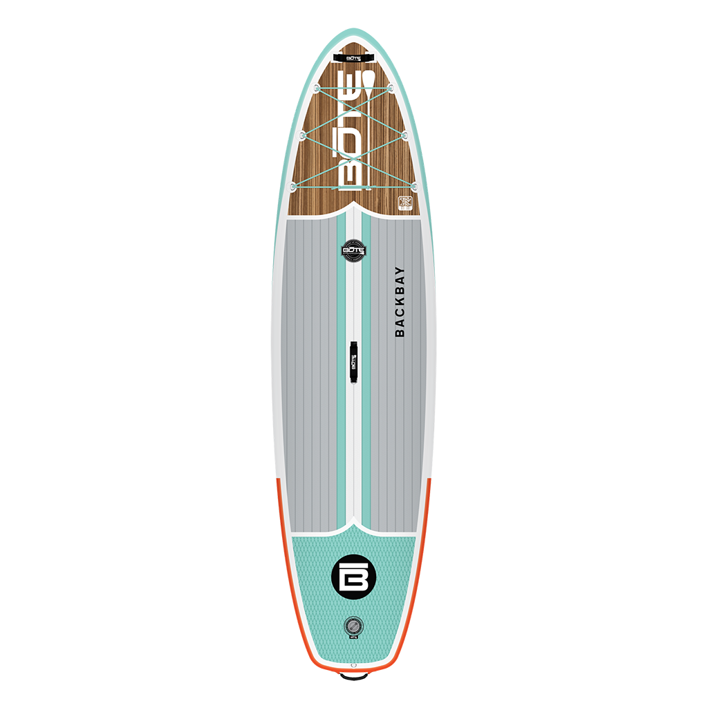BOTE backbay inflatable paddle board with teal, gray, and brown design
