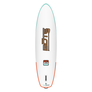 Top view of Backbay Aero Inflatable Paddle Board showing white deck, wood-style logo, and orange tail.