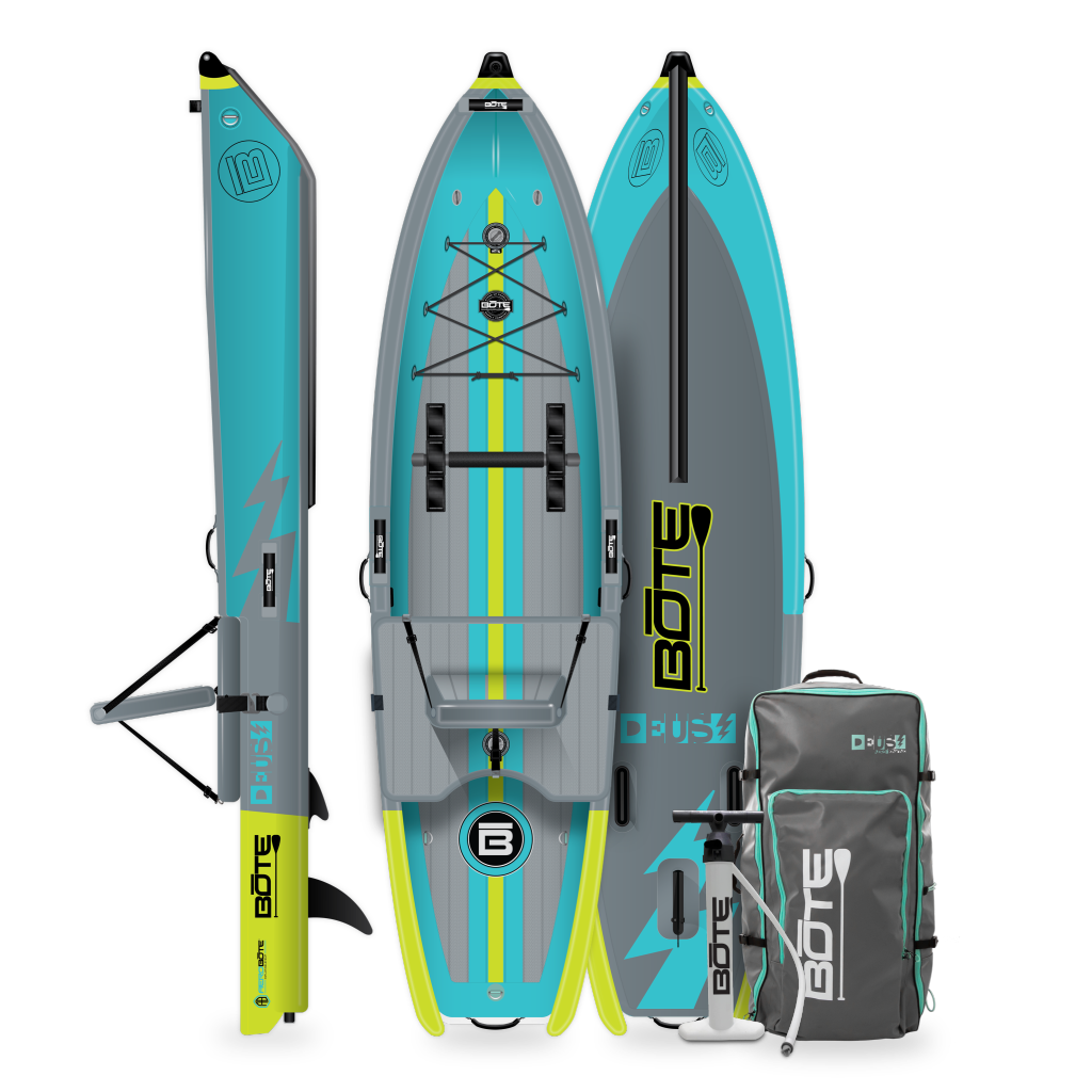 Top, side, and bottom view of the DEUS Aero Native Citron Inflatable Kayak with pump and bag