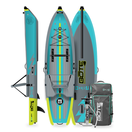 Top, side, and bottom view of the DEUS Aero Native Citron Inflatable Kayak with pump and bag