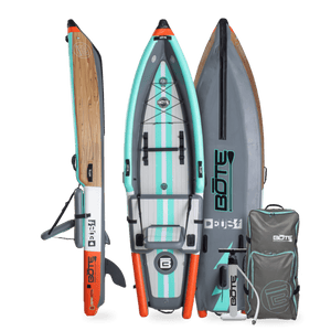 Front, back, side view of the DEUS Aero Inflatable Kayak in Native Aqua with pump and bag
