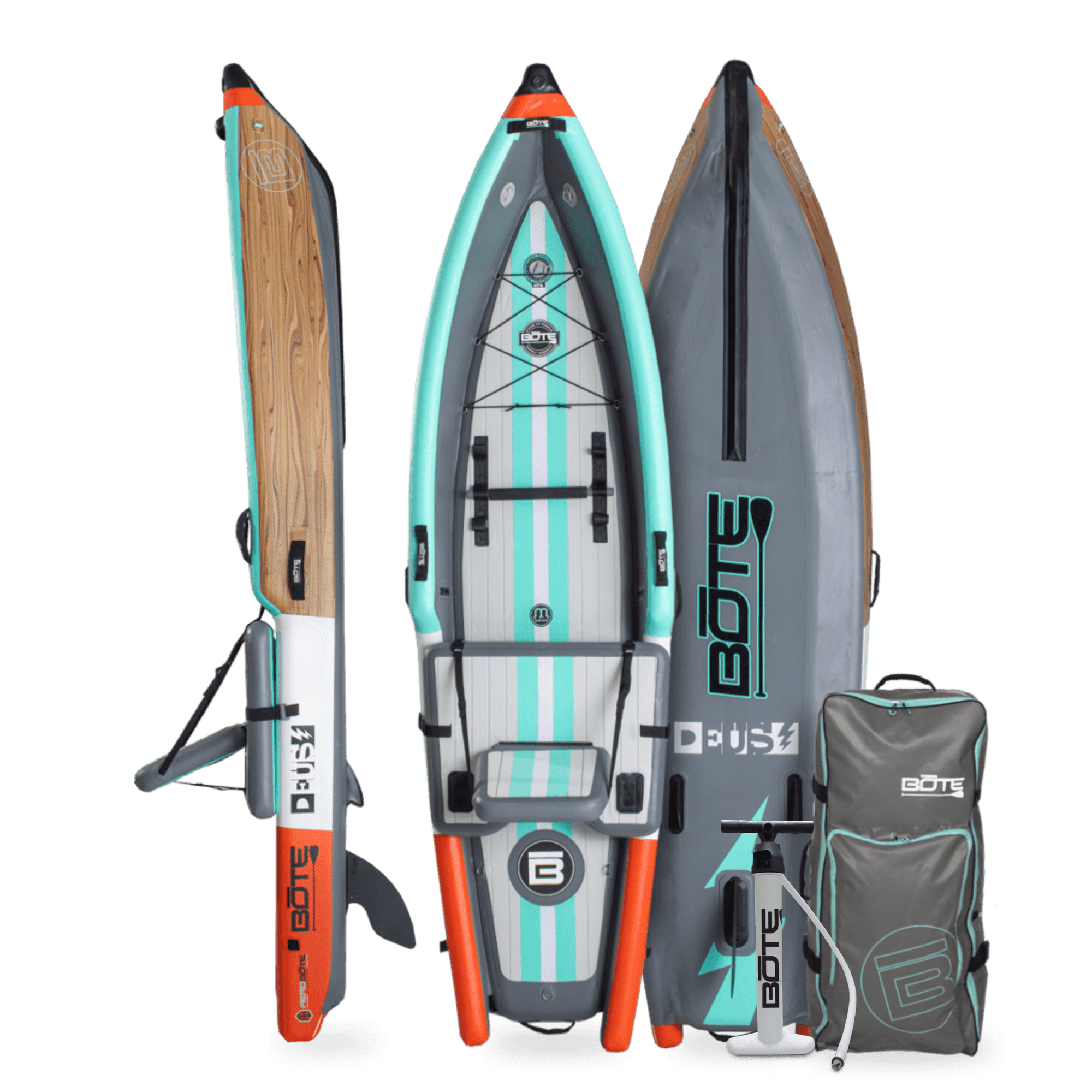 Front, back, side view of the DEUS Aero Inflatable Kayak in Native Aqua with pump and bag