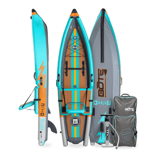 Top, side, and bottom view of the DEUS Aero Inflatable Kayak in Native Aqua with pump and bag