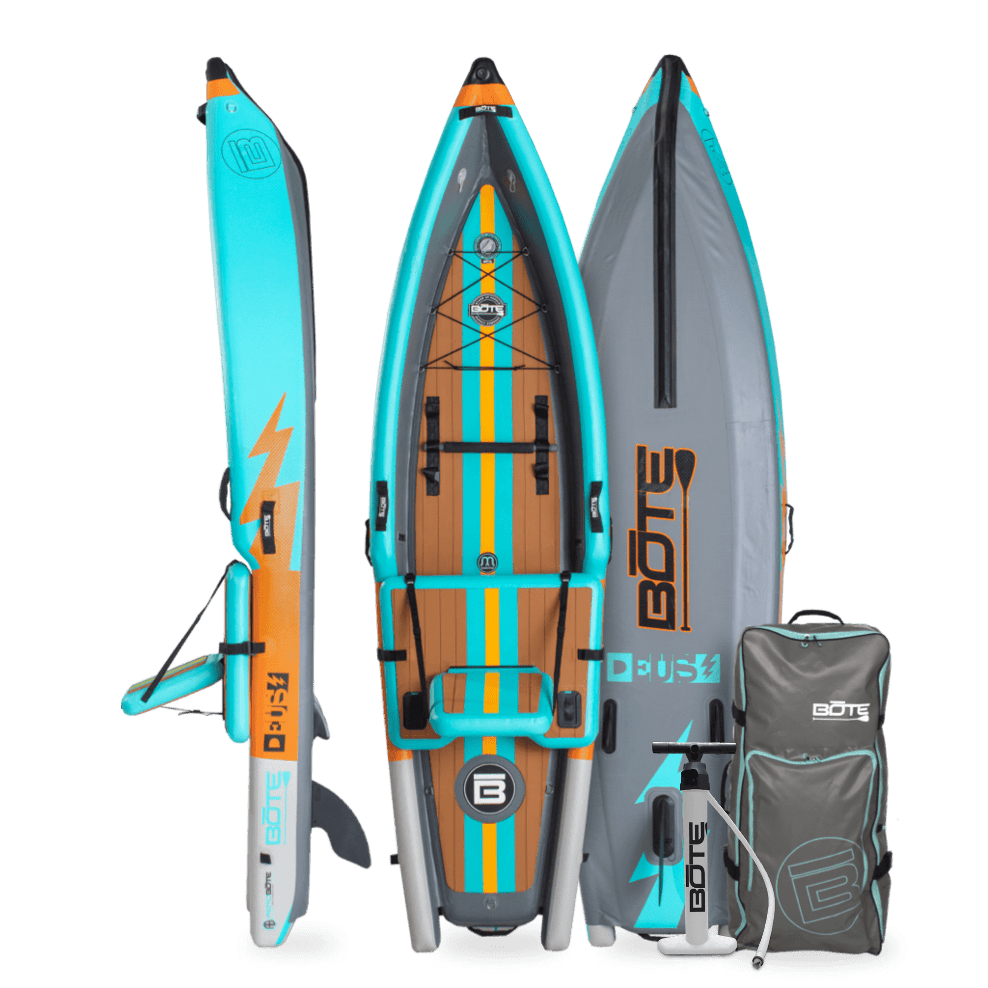 Top, side, and bottom view of the DEUS Aero Inflatable Kayak in Native Aqua with pump and bag