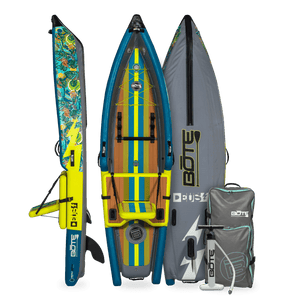 Top, side, and bottom view of the Deu Aero Inflatable Kayak in Native Bombardier with pump and bag