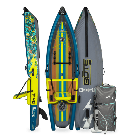 Top, side, and bottom view of the Deu Aero Inflatable Kayak in Native Bombardier with pump and bag