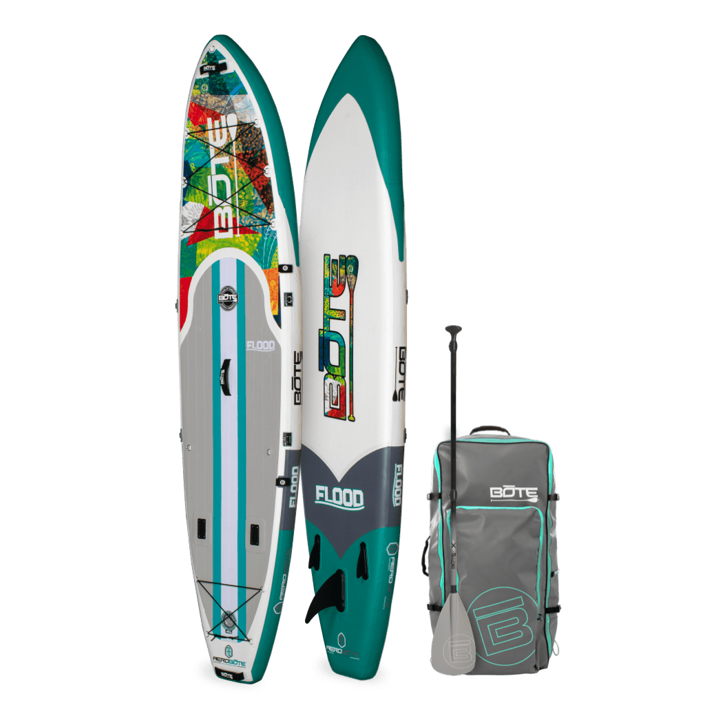 Angled top and bottom view of the Flood Aero Native Tropics Inflatable Paddle Board with bag and paddle