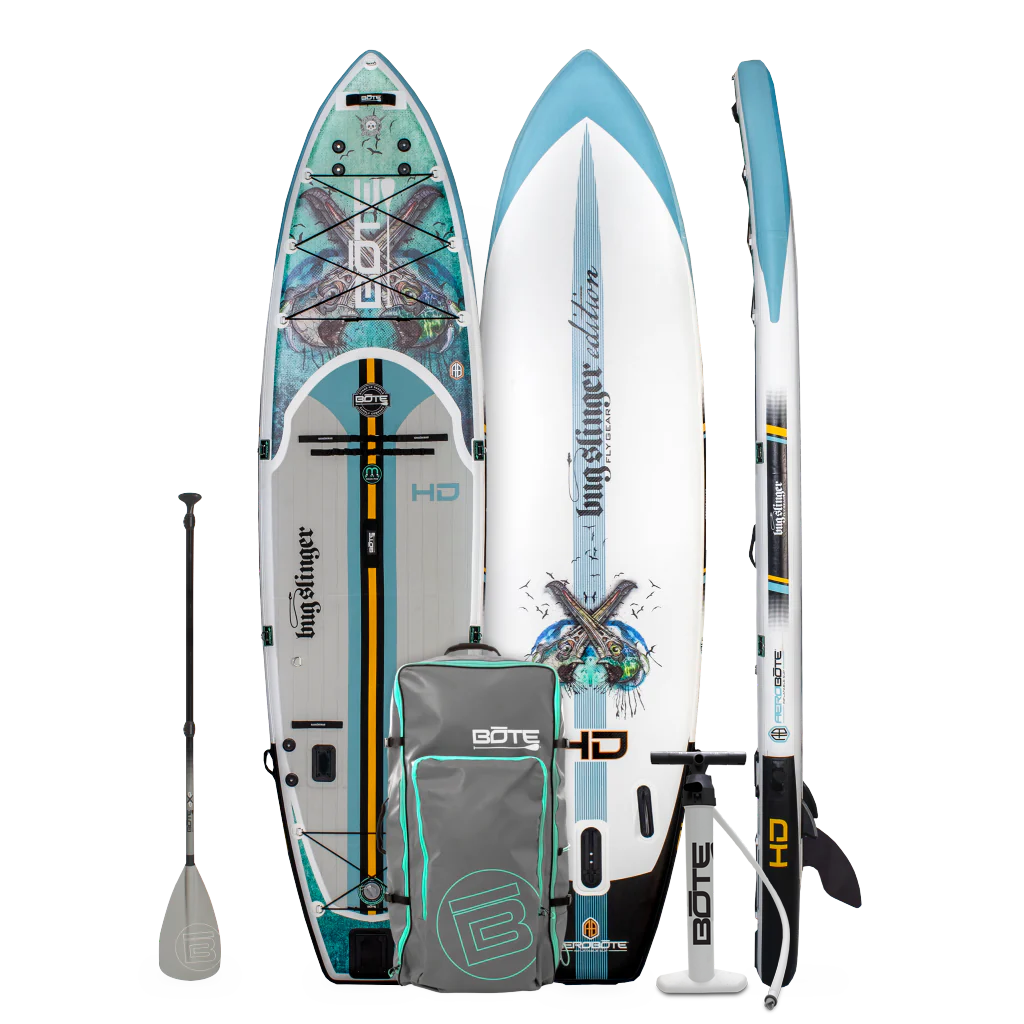 Top, side, and bottom view of the HD Aero Bug Slinger Warbirds Inflatable Paddle Board with pump, bag, and paddle