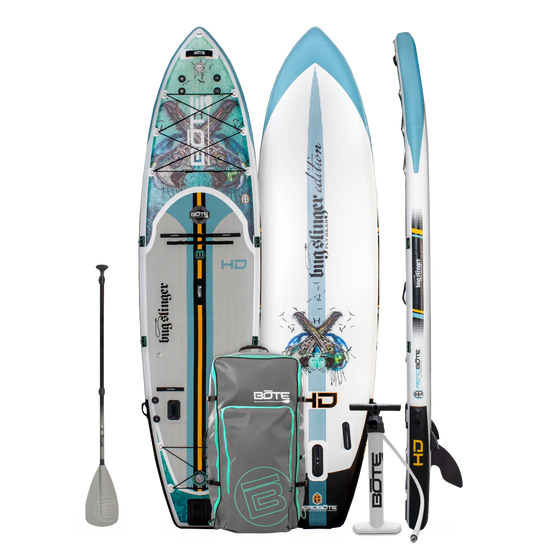 Top, side, and bottom view of the HD Aero Bug Slinger Warbirds Inflatable Paddle Board with pump, bag, and paddle