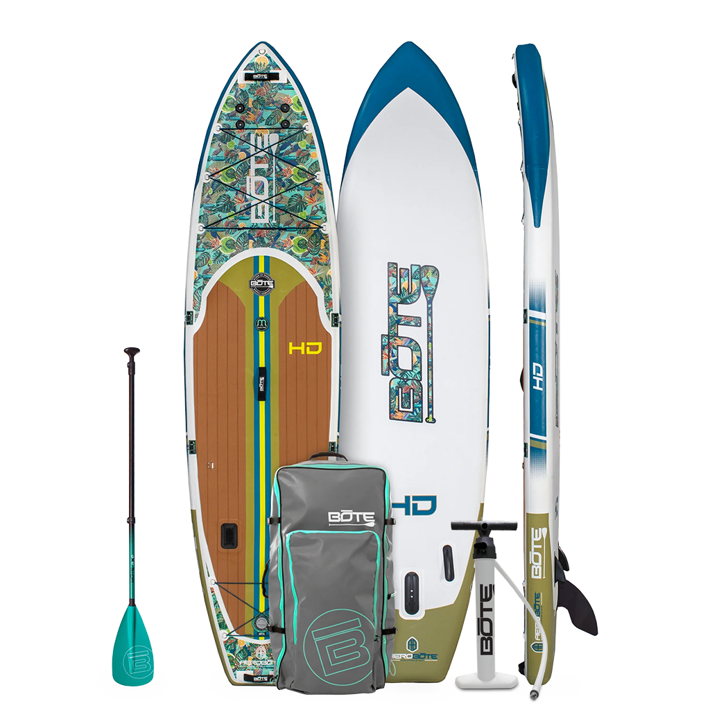 Top, side, and bottom view of the HD Aero Native Bombardier Inflatable Paddle Board with pump, bag, and paddle
