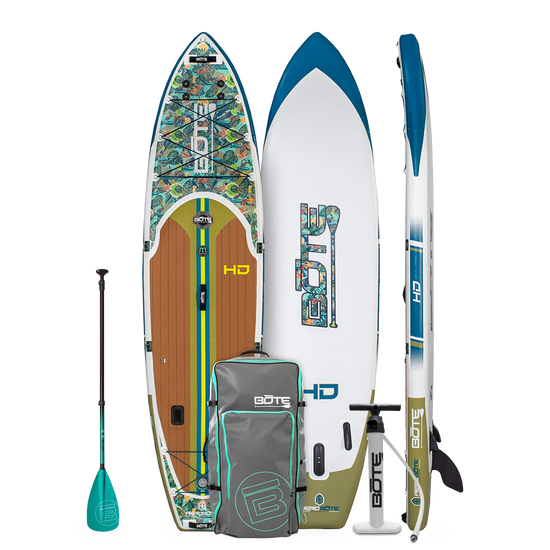 Top, side, and bottom view of the HD Aero Native Bombardier Inflatable Paddle Board with pump, bag, and paddle