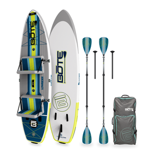 Angled front view of the LowRider Aero Inflatable Paddle Board with accessories