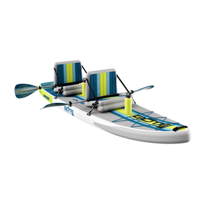 Angled front view of the LowRdier Aero Inflatable Paddle Board with accessories