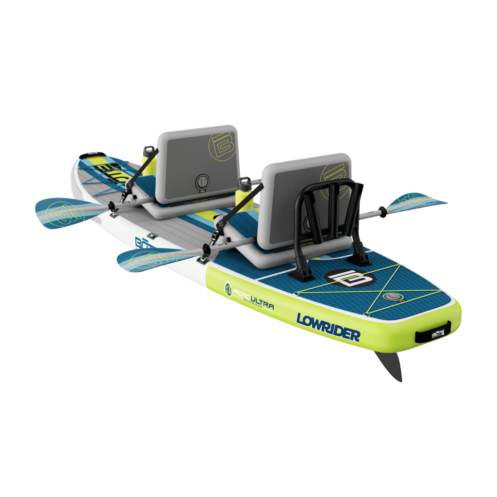Angled rear view of the LowRider Aero Inflatable Paddle Board with accessories