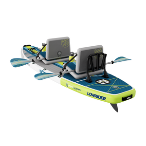 Angled rear view of the LowRider Aero Inflatable Paddle Board with accessories