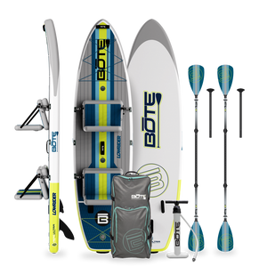 Top, side, and bottom view of the LowRider Aero Inflatable Paddle Board with pump, bag, and paddle