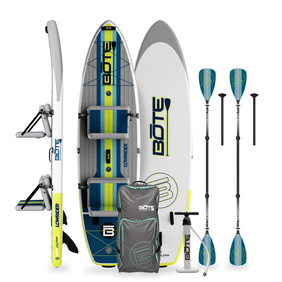 Top, side, and bottom view of the LowRider Aero Inflatable Paddle Board with pump, bag, and paddle