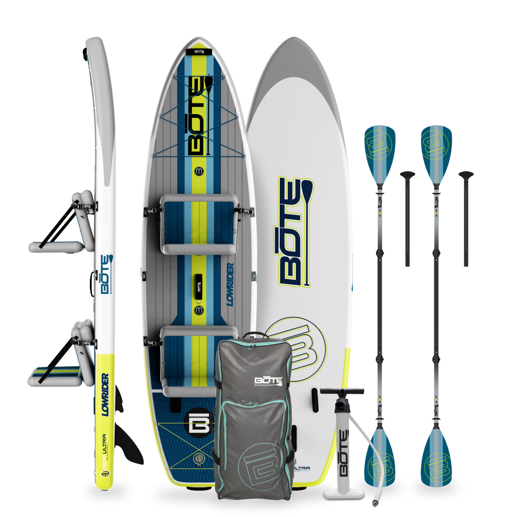 Top, side, and bottom view of the LowRider Aero Inflatable Paddle Board with pump, bag, and paddle